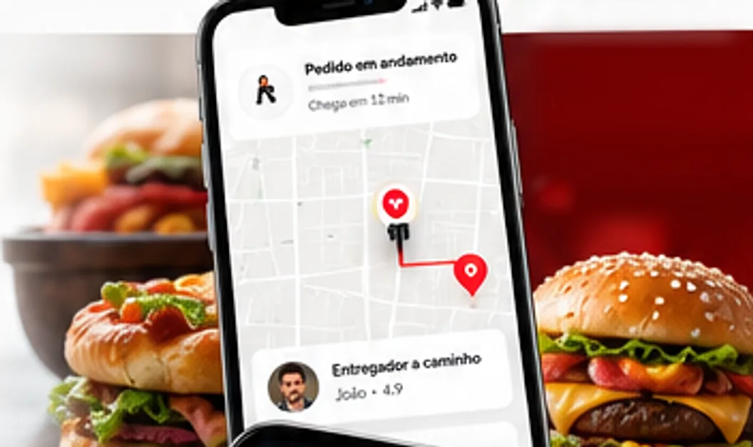 Celular com o pedido em andamento no mapa, entre hambúrgueres