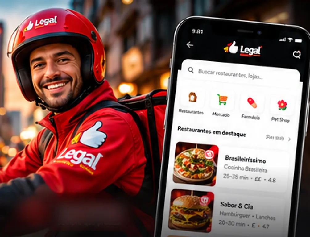 Entregador Legal Delivery sorrindo de capacete vermelho, ao lado do aplicativo aberto no celular