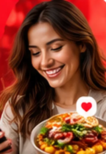 Cliente sorrindo com o celular e um prato de comida